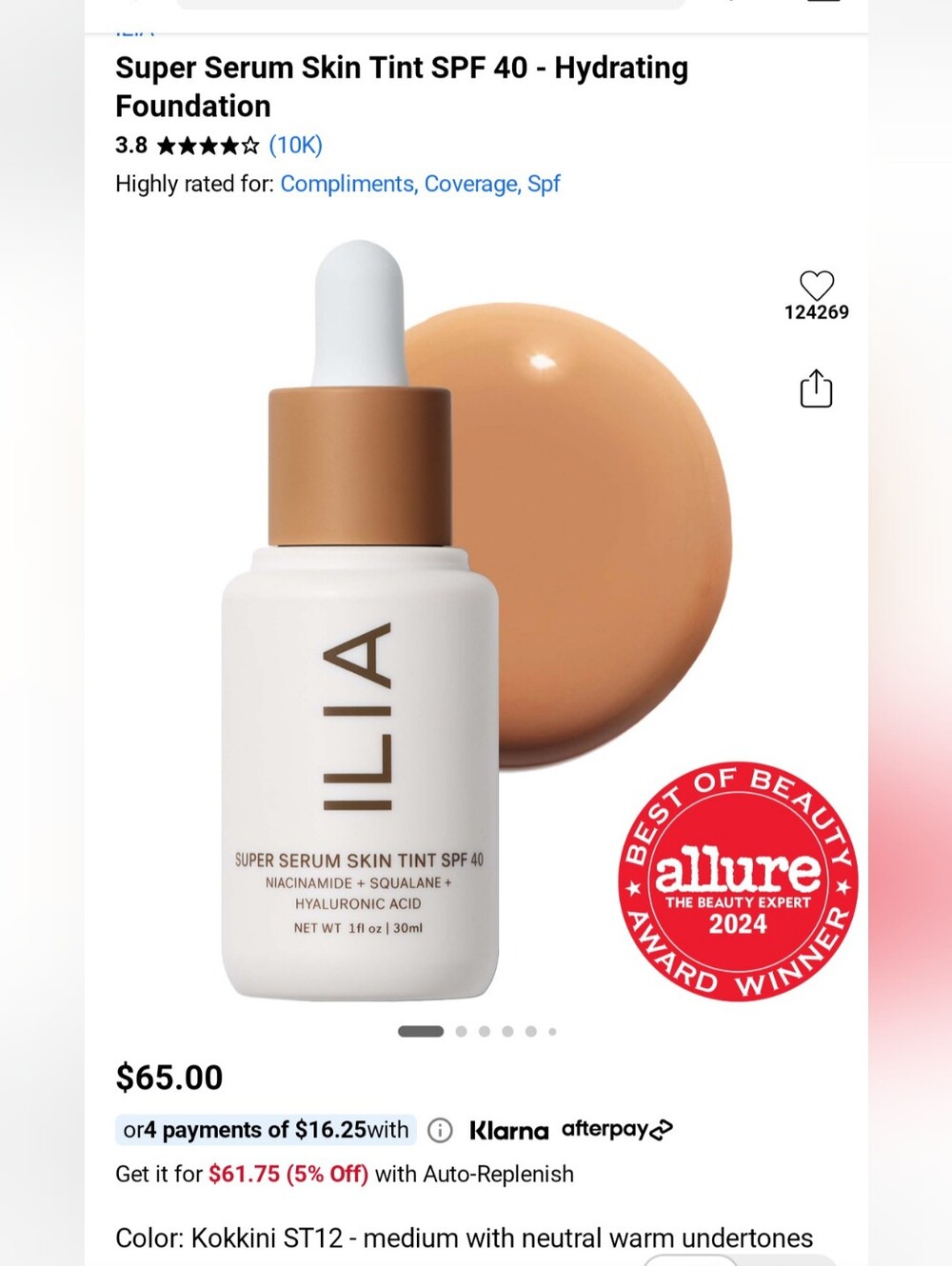 ILIA Super Serum Skin Tint SPF 40 - shade ST12 Kokkini